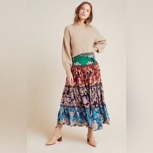 Anthropologie Bhanuni by Jyoti Ana Rosa Tiered Floral Maxi Skirt Size 6